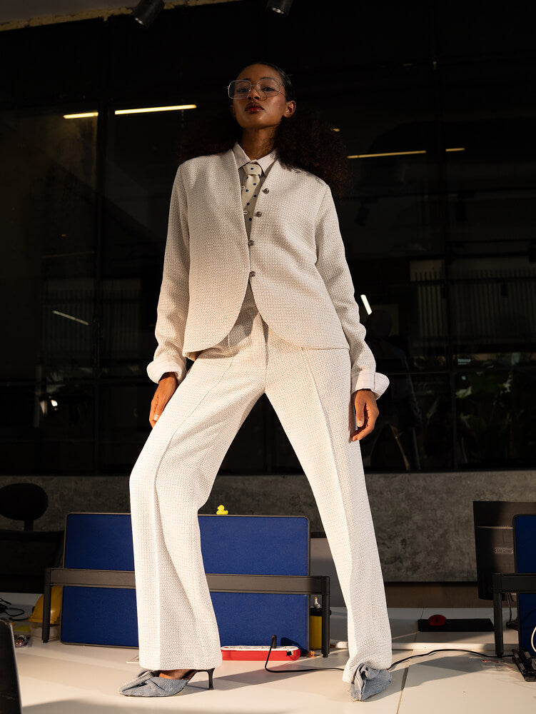 High-Waisted Textured Straight Trousers