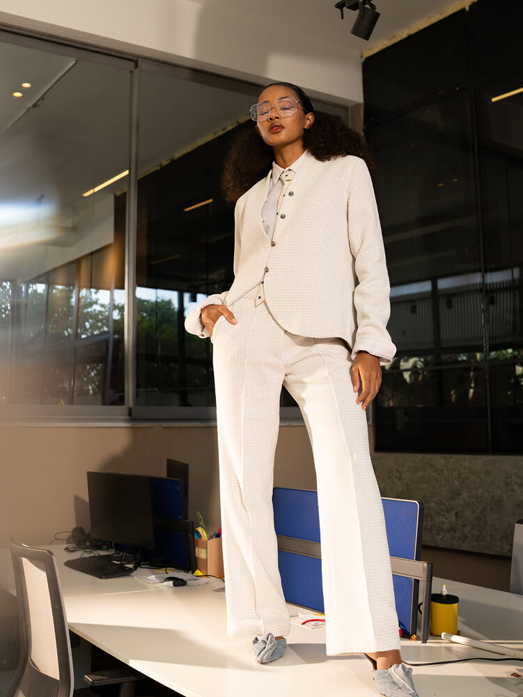 High-Waisted Textured Straight Trousers