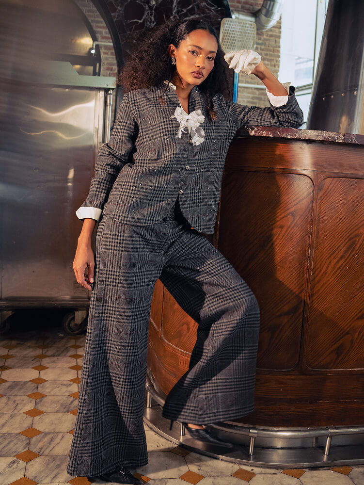 Charcoal Glen Plaid Wide-Leg Pants